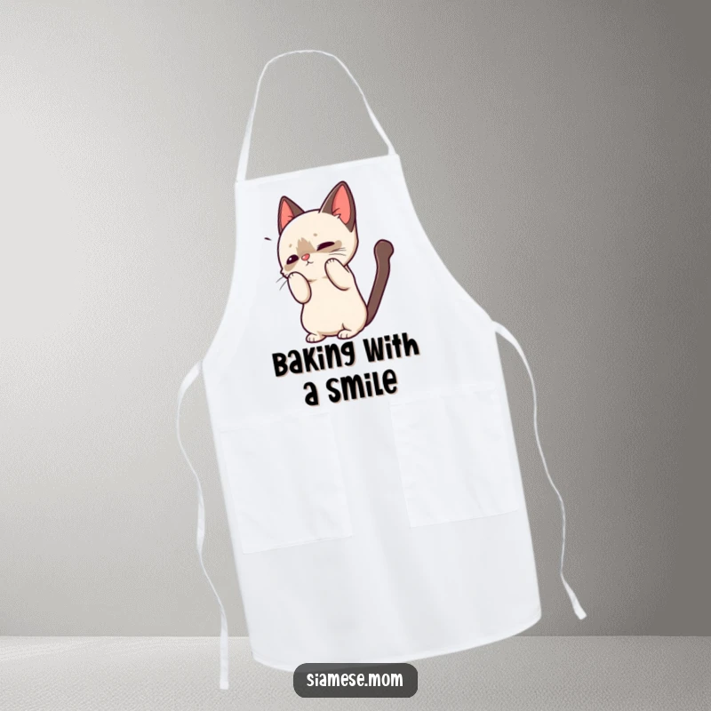Funny apron with a kawaii Siamese cat in a playful greeting, ideal for kitchen tasks and adding feline charm.