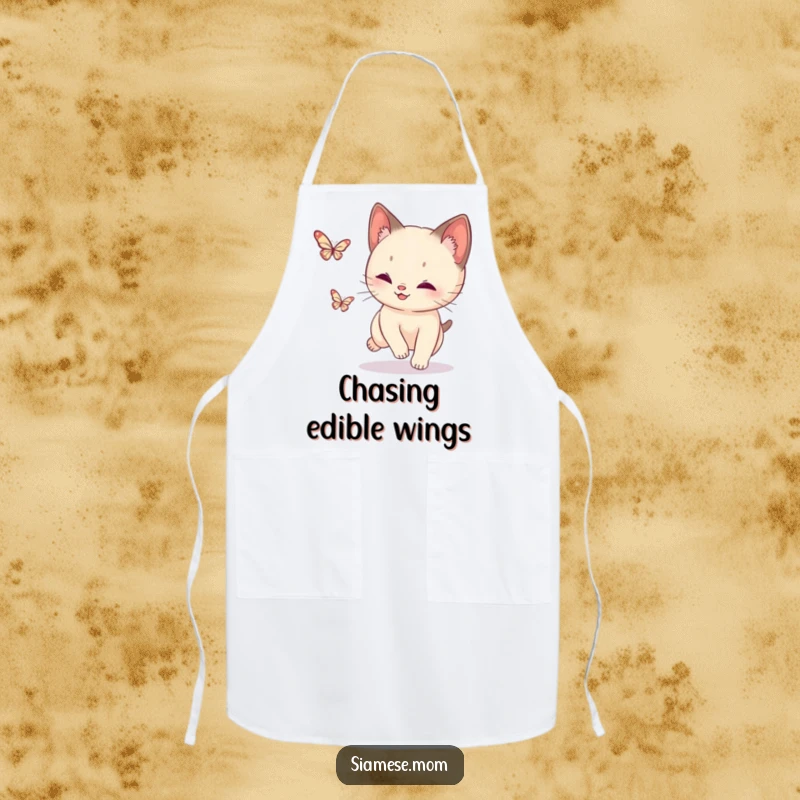 Funny Siamese Cat Butterfly Apron: Playful design of a cat energetically chasing a delicate butterfly, ideal for kitchen fun.