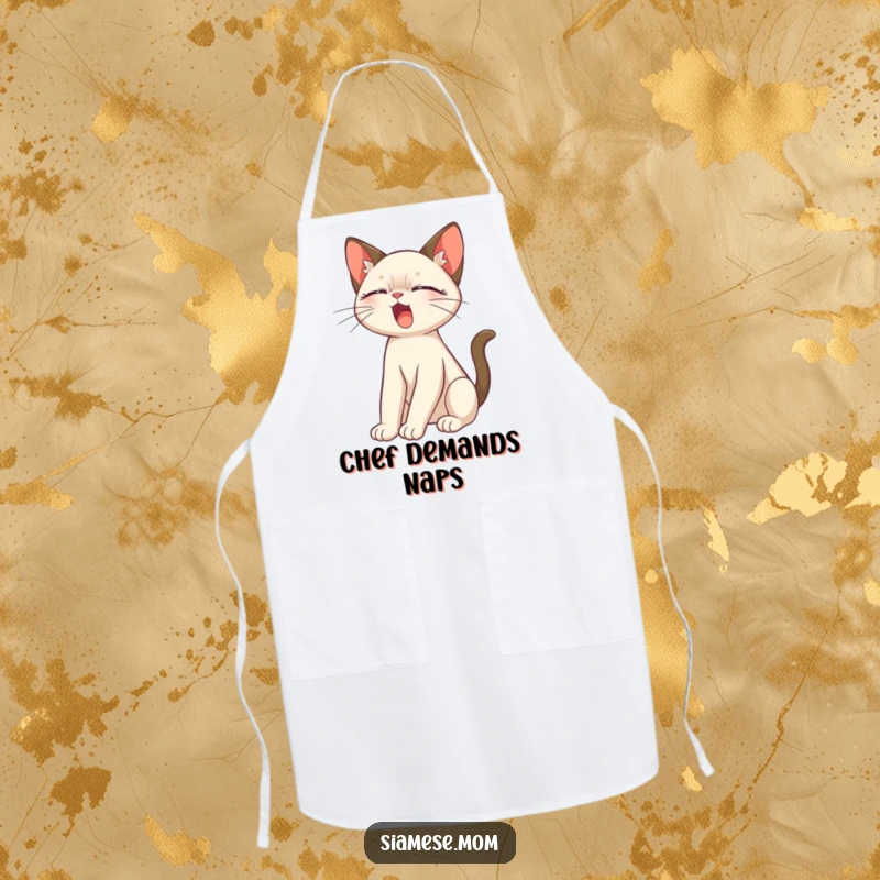 Funny Siamese Cat Apron showing a cute Siamese cat stretching, perfect for kitchen tasks and cat-themed parties.