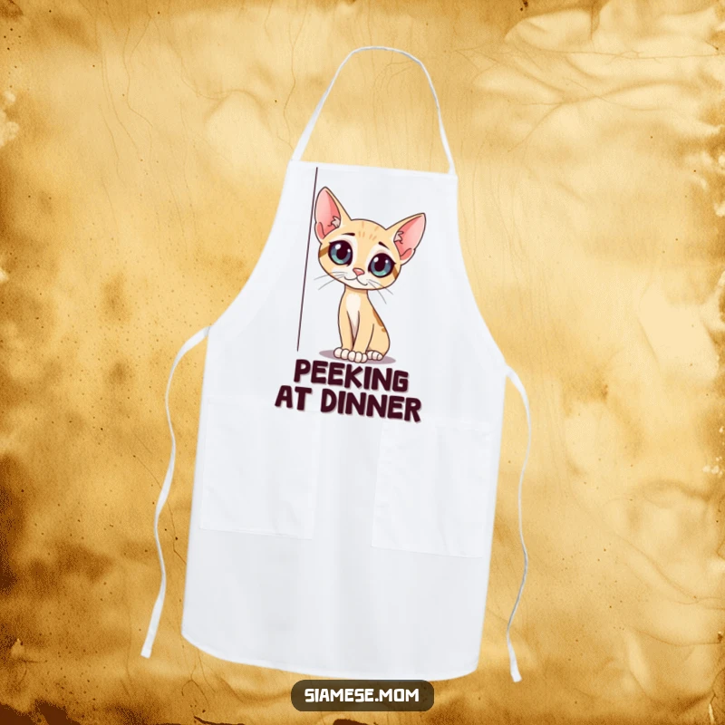 Funny slender cat apron, with big curious eyes, peeking around a corner, perfect for kitchen charm, a fantastic funny gift.