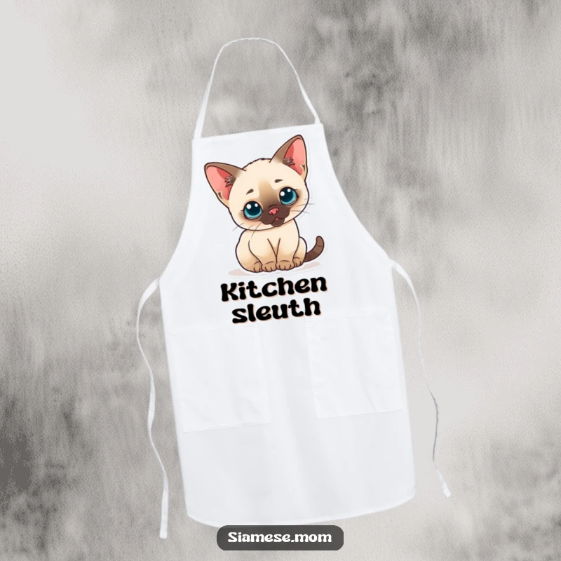 Funny apron with a curious kawaii Siamese cat arching its back, ears perked, adding cute humor to cooking.