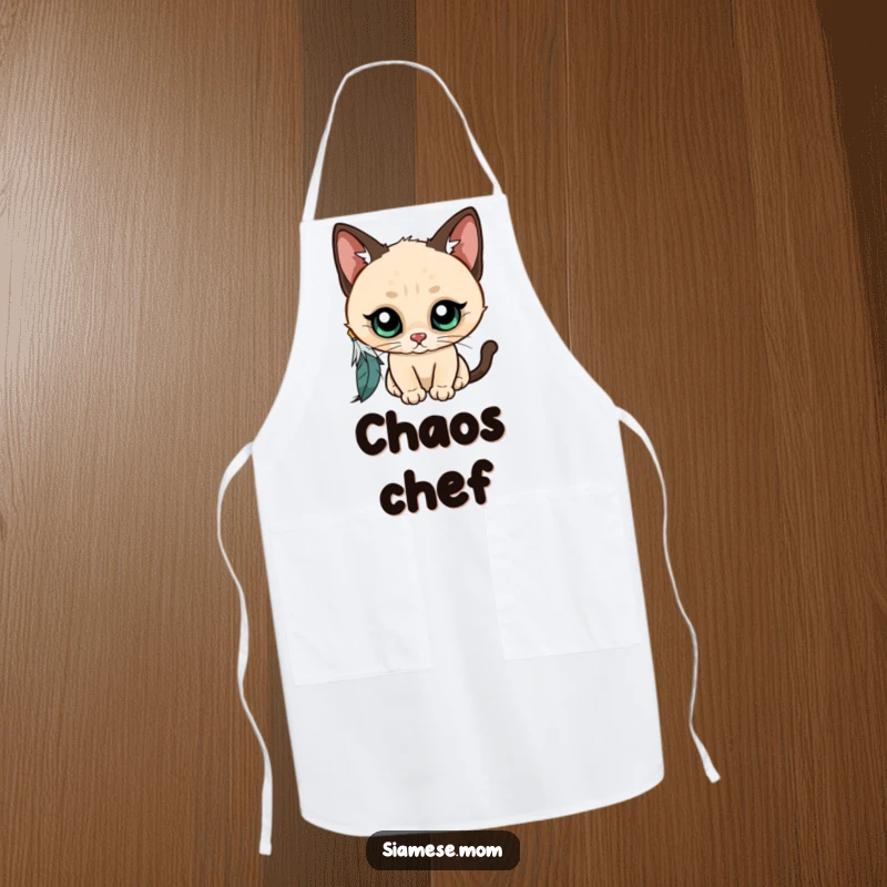 Funny Kawaii Siamese cat apron, wide-eyed and curious, batting at a dangling feather, a humorous and practical kitchen accessory.