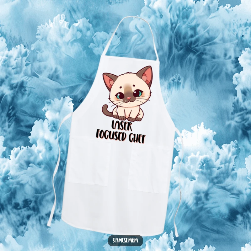 Funny Kawaii Siamese cat apron, quizzical head tilt, intensely watching a red laser dot, a humorous and practical kitchen accessory.