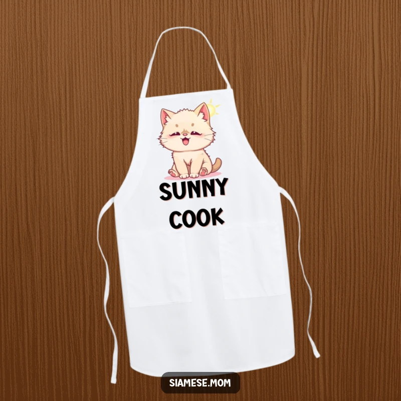 Funny apron showing a fluffy Kawaii Siamese cat playfully batting at a sunbeam, perfect for kitchen use and adding a cheerful touch.
