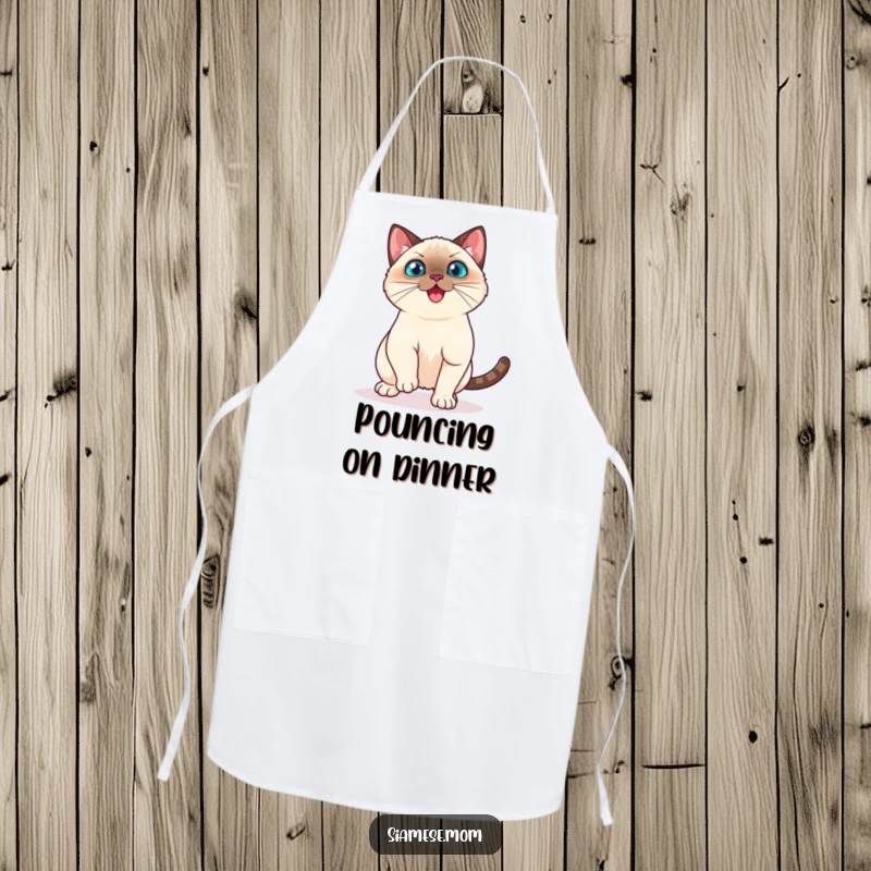 Funny Kawaii Siamese Cat Apron Playful Pounce Ready to Spring, Humorous Active Kitchen