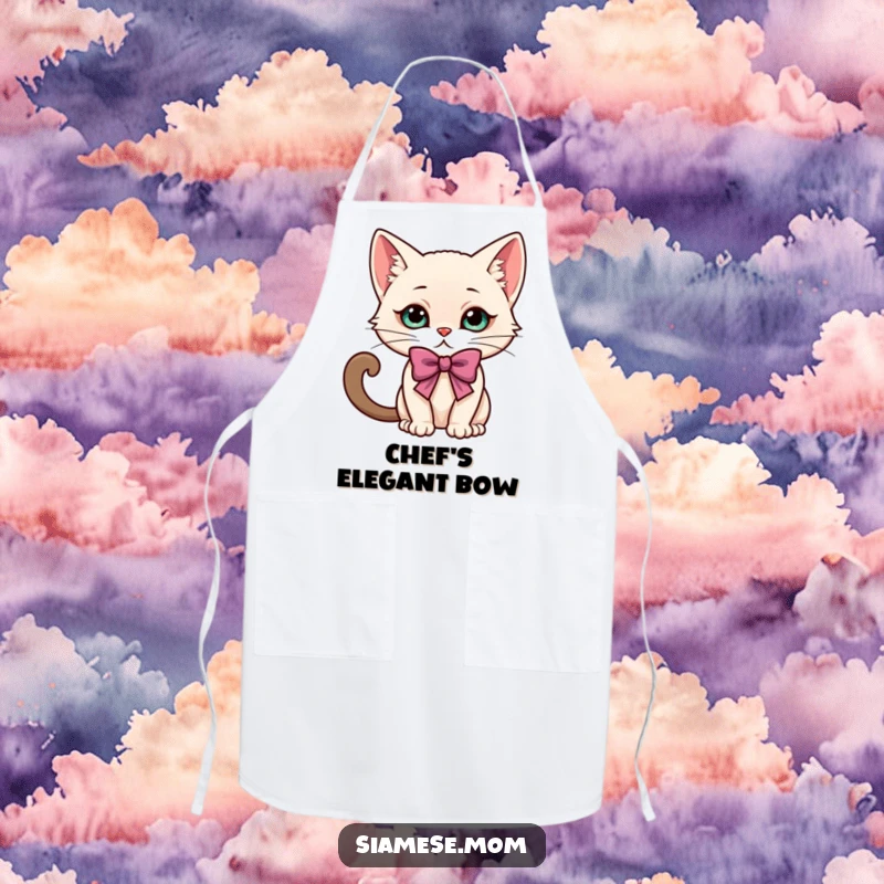 Funny kawaii Siamese cat character bowing elegantly and playfully, featured on a practical and cute kitchen apron.