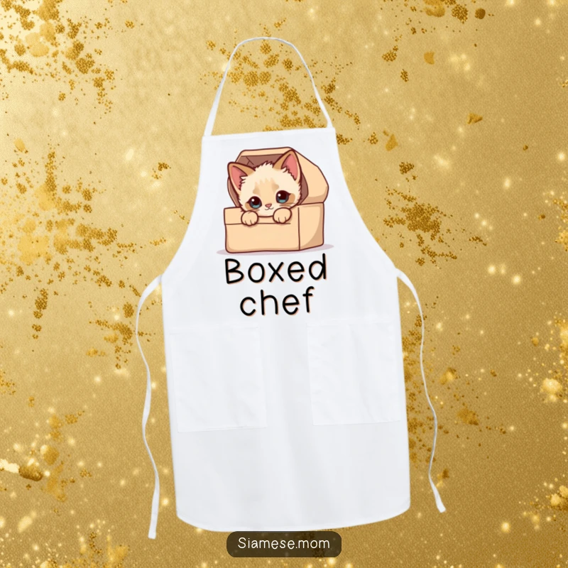 Funny Kitchen Apron: A kawaii Siamese kitten with playful eyes peeking from a decorated box, ready to help cook.