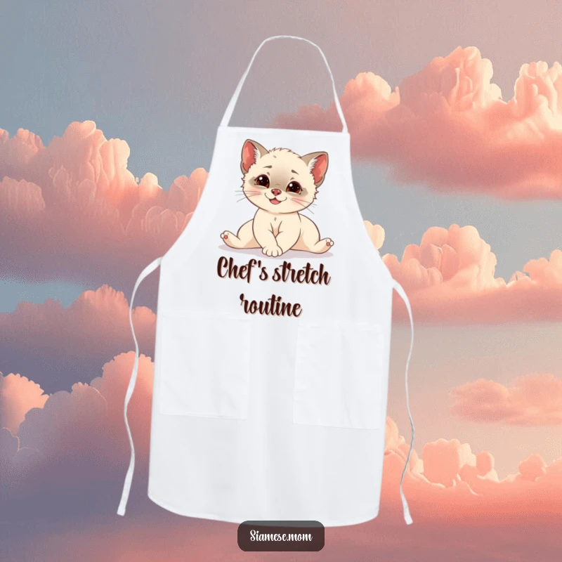Funny Siamese cub stretching elegantly with mischief, a humorous chef apron perfect for a stylish and fun kitchen.