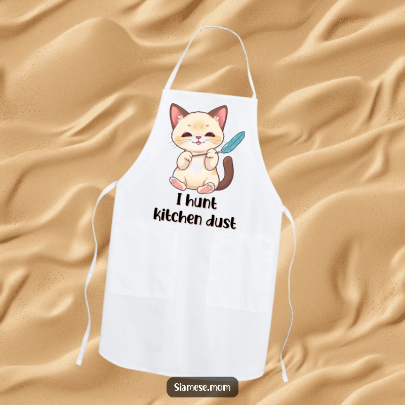 Funny Kawaii Siamese cat apron showing elegant paws playfully batting a feather toy, adding humor and charm to kitchen activities.