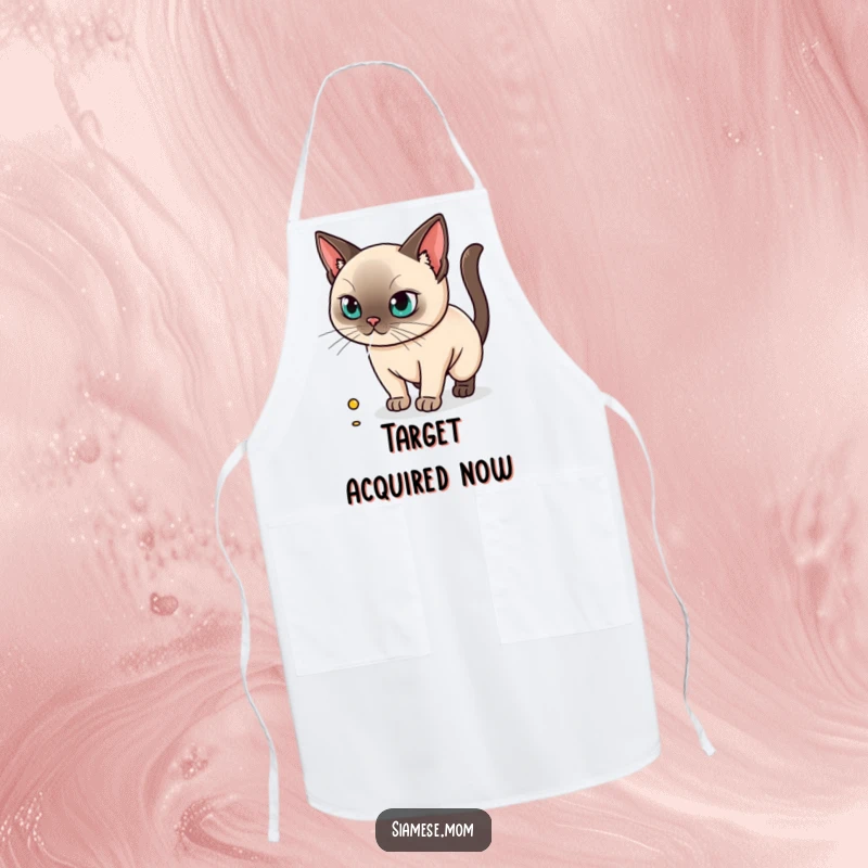 Funny apron design of a kawaii Siamese cat with extreme focus on a laser dot, ready for kitchen action.