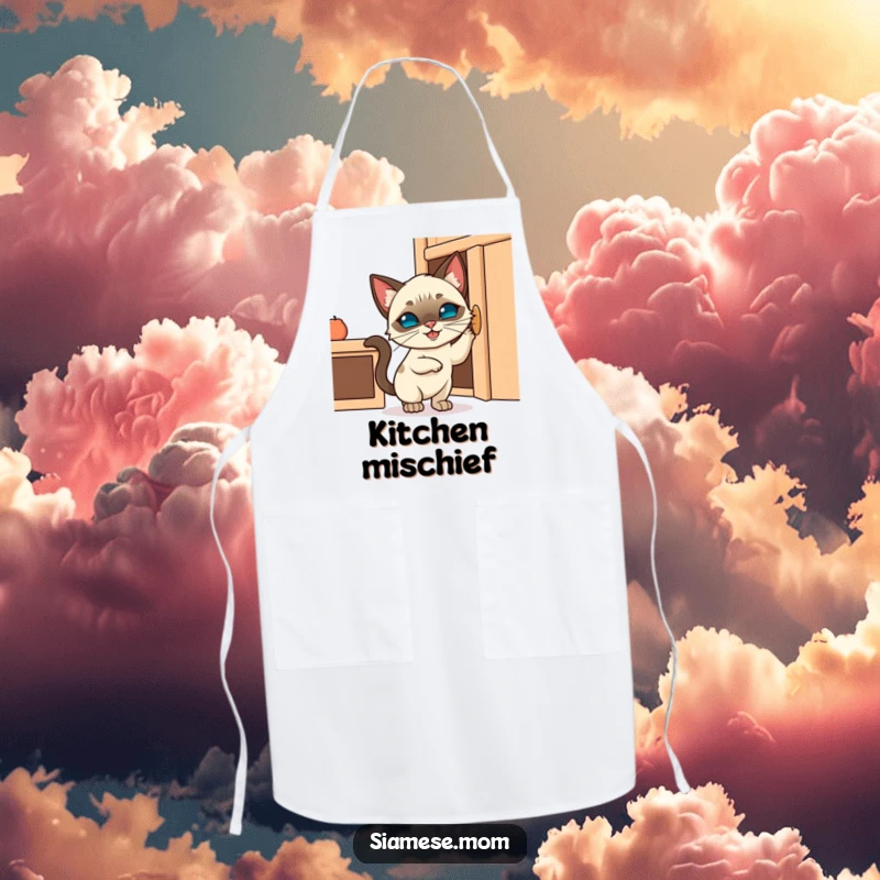 Funny apron showing a Kawaii Siamese cat with a mischievous grin attempting to open a kitchen cabinet, ideal for cooking with humor.