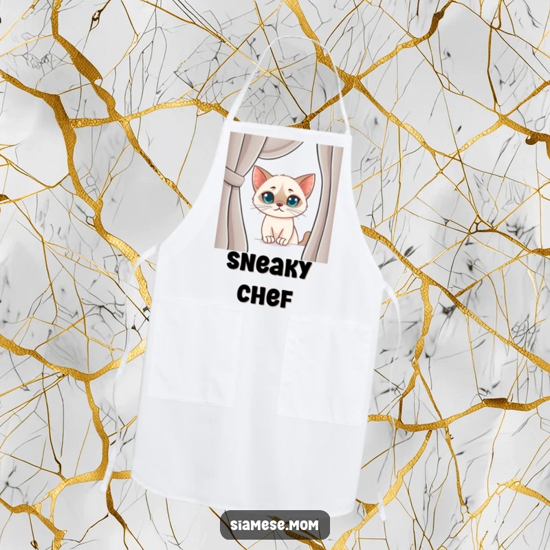 Funny Siamese Cat Apron: Cute kawaii cat with a mischievous smirk peeking, bringing a touch of playful humor to the kitchen.