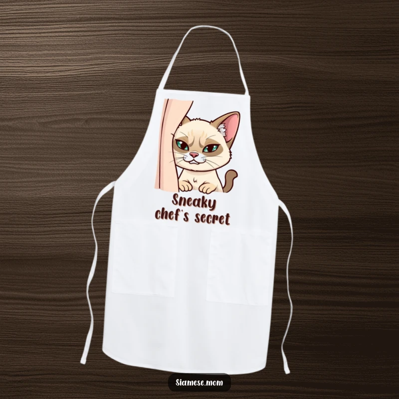 Funny Siamese Cat Apron: Playful design of a mischievous cat peeking from behind a curtain with a sly grin.