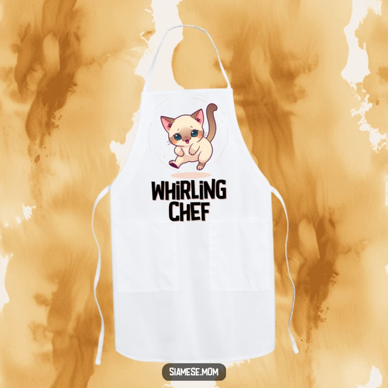 Funny apron with a kawaii Siamese cat chasing its tail in a dizzy circle, adding playful humor to cooking.