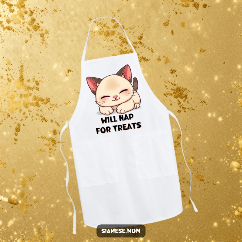 Funny Kawaii Siamese cat apron showing a lazy, contented stretch, adding humor and charm to kitchen activities for cat lovers.