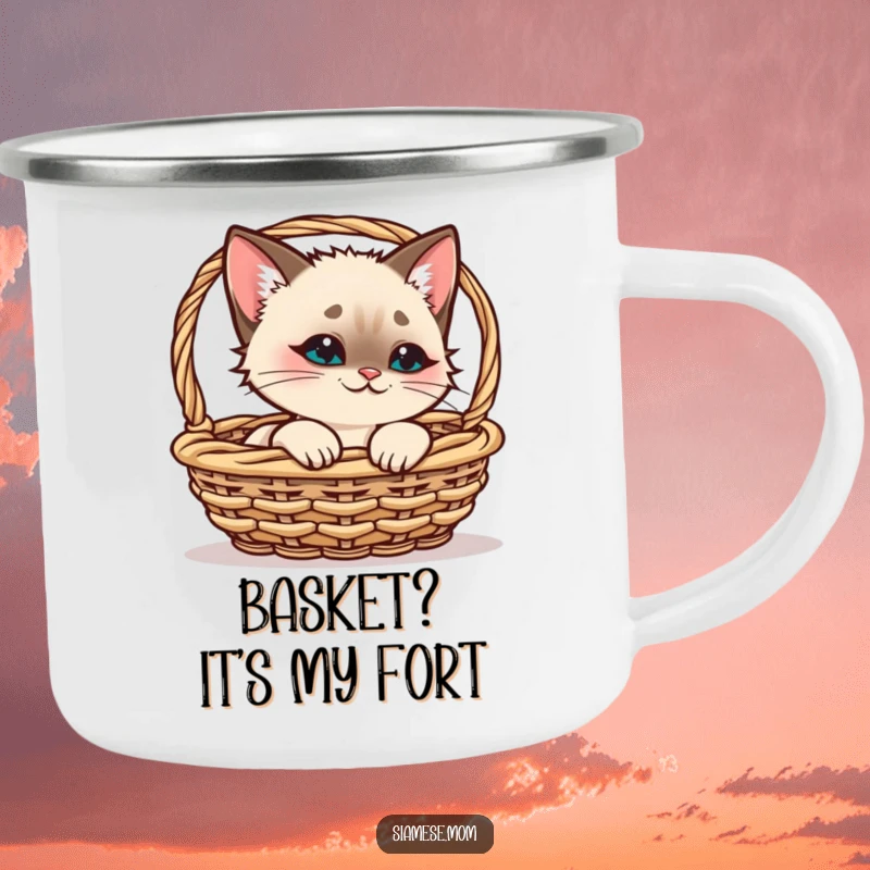 Funny Siamese Cat Camping Mug, kawaii cat peeking from a basket with a smirk, durable funny gift for outdoors.