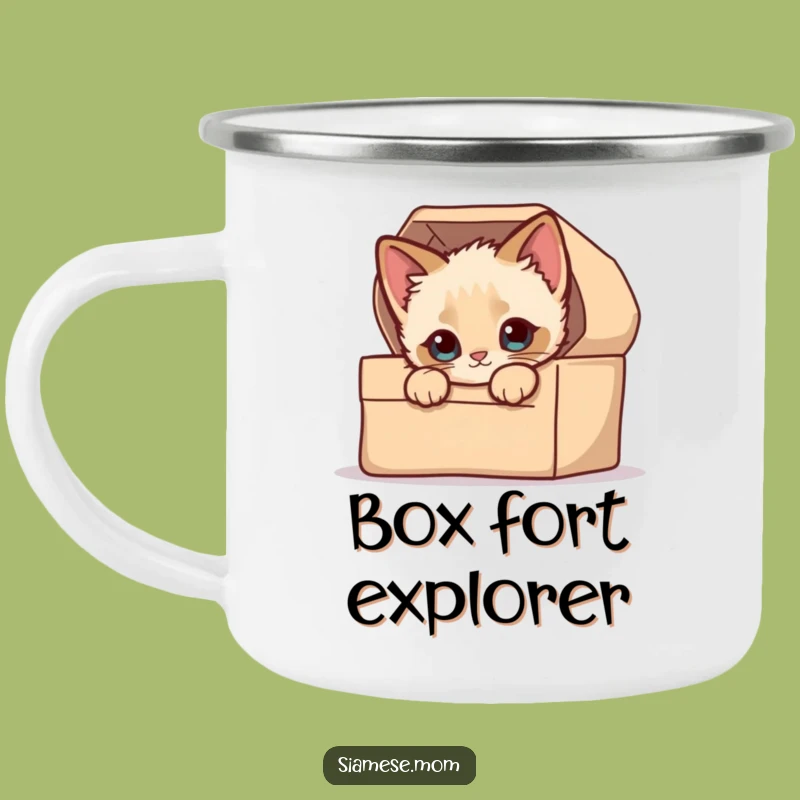 Funny Enamel Mug: Kawaii Siamese Kitten's Cozy Box Adventure