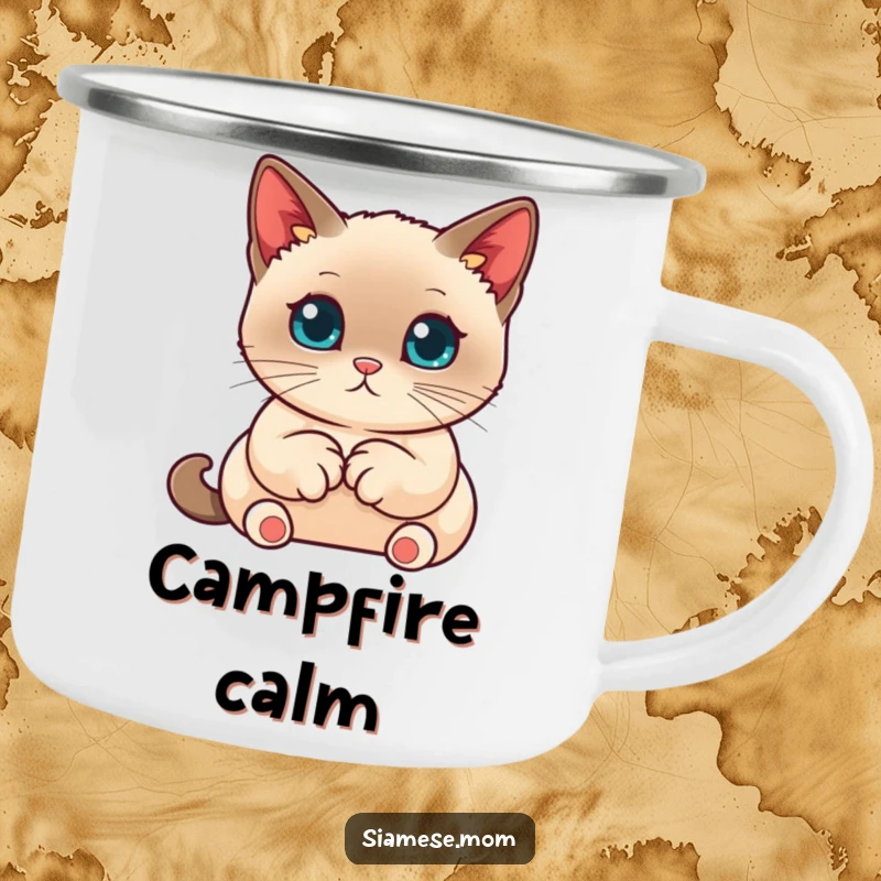 Funny Siamese Cat Camping Mug, kawaii cat with paws tucked neatly, cute and calm funny gift for campers.