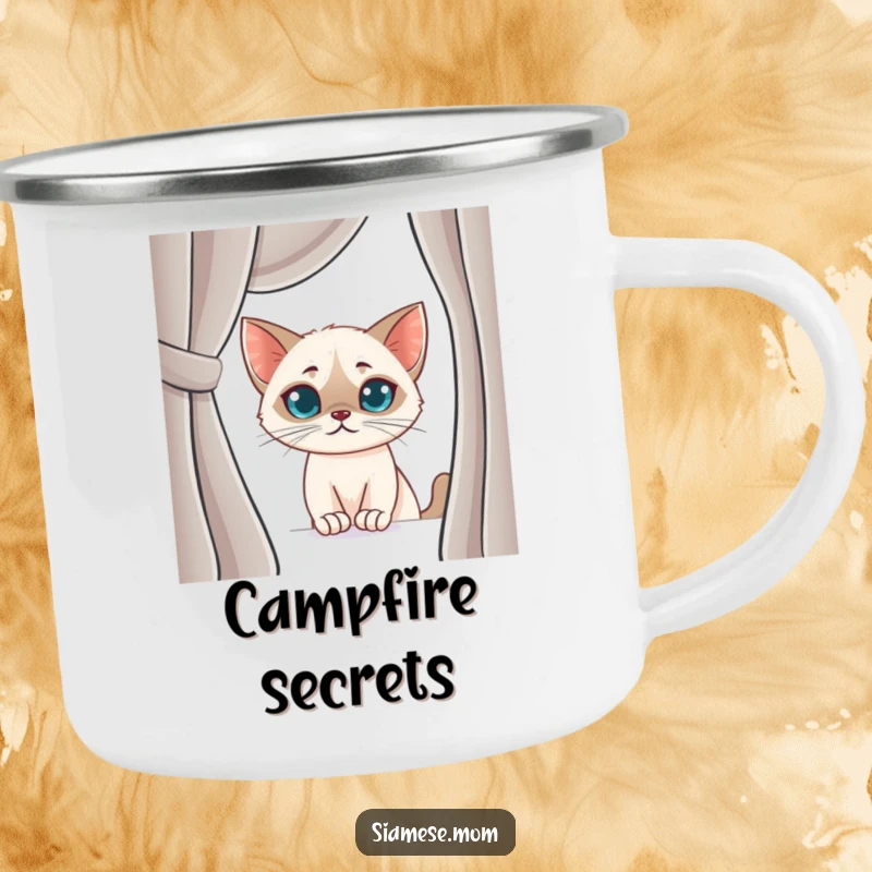 Funny Siamese Cat Camping Mug: Cute kawaii cat with a mischievous smirk peeking, ideal for travel and outdoor use, bringing humor.