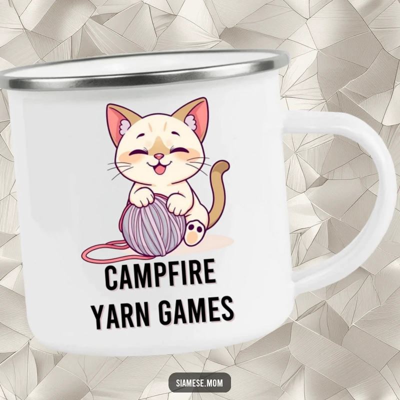 Funny Siamese Cat Camping Mug: Durable mug with a smiling cat playing with yarn, ready for outdoor fun.