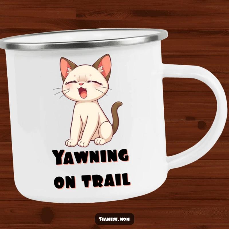 Funny Siamese Cat Camping Mug with a cute, stretching Siamese cat, perfect for outdoor enthusiasts.
