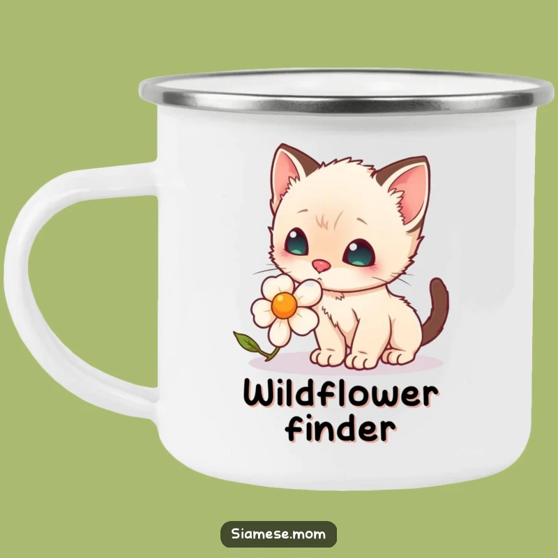 Funny Enamel Mug: Kawaii Siamese Kitten's Outdoor Flower Sniff
