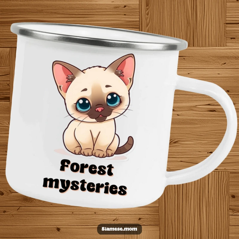 Funny camping mug of a curious kawaii Siamese cat arching its back, ears perked, perfect for outdoor use.