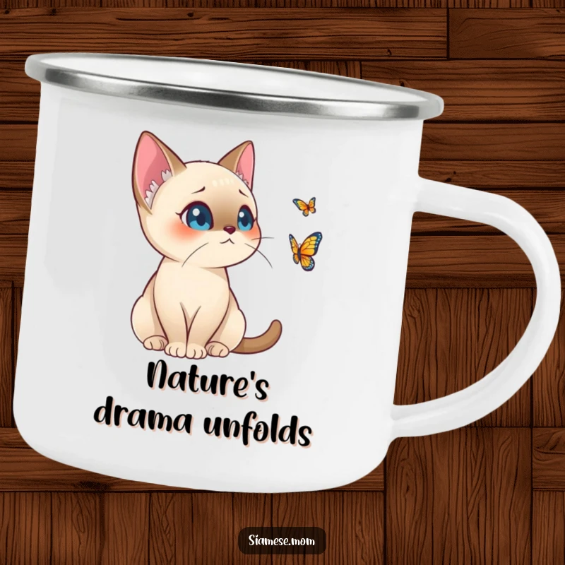 Funny Kawaii Siamese Cat Camping Mug Alert Posture Watching Distant Butterfly, Outdoor Humorous Gift