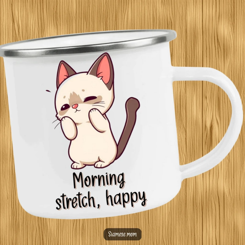 Funny camping mug featuring a kawaii Siamese cat in a playful greeting, designed for outdoor enjoyment and cat lover humor.