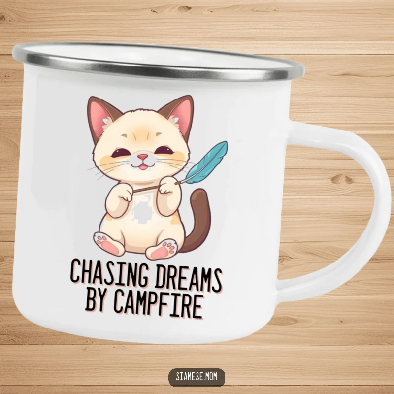 Funny Kawaii Siamese cat camping mug featuring elegant paws batting a feather toy, ideal for outdoor enjoyment and humorous gifts.