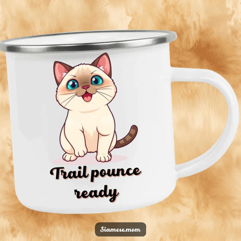 Funny Kawaii Siamese Cat Camping Mug Playful Pounce Ready to Spring, Outdoor Energetic Gift