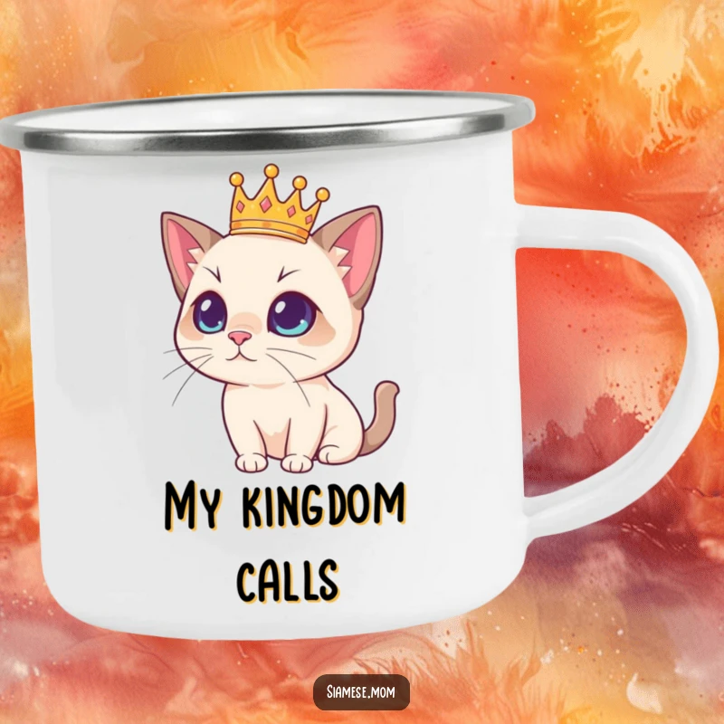 Funny Siamese cat with a small crown, looking regal on a camping mug, perfect for outdoor enthusiasts, a humorous travel item.