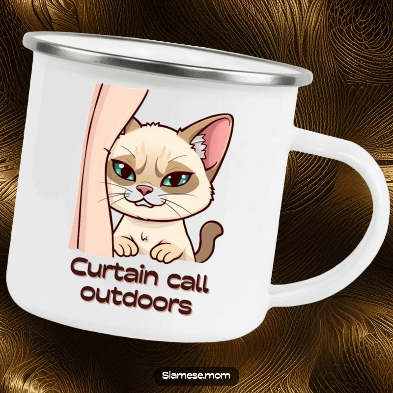 Funny Siamese Cat Camping Mug: Durable mug with a mischievous cat peeking from behind a curtain, ready for outdoor fun.