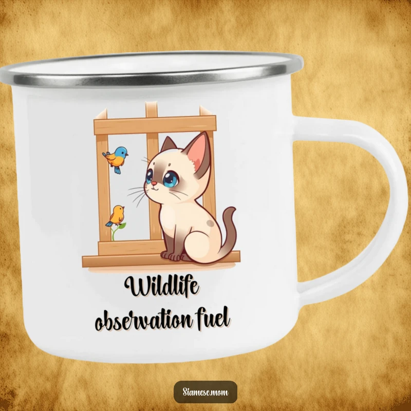 Funny Kawaii Siamese cat camping mug of a cat intently watching a bird outside a window, for outdoor humor.