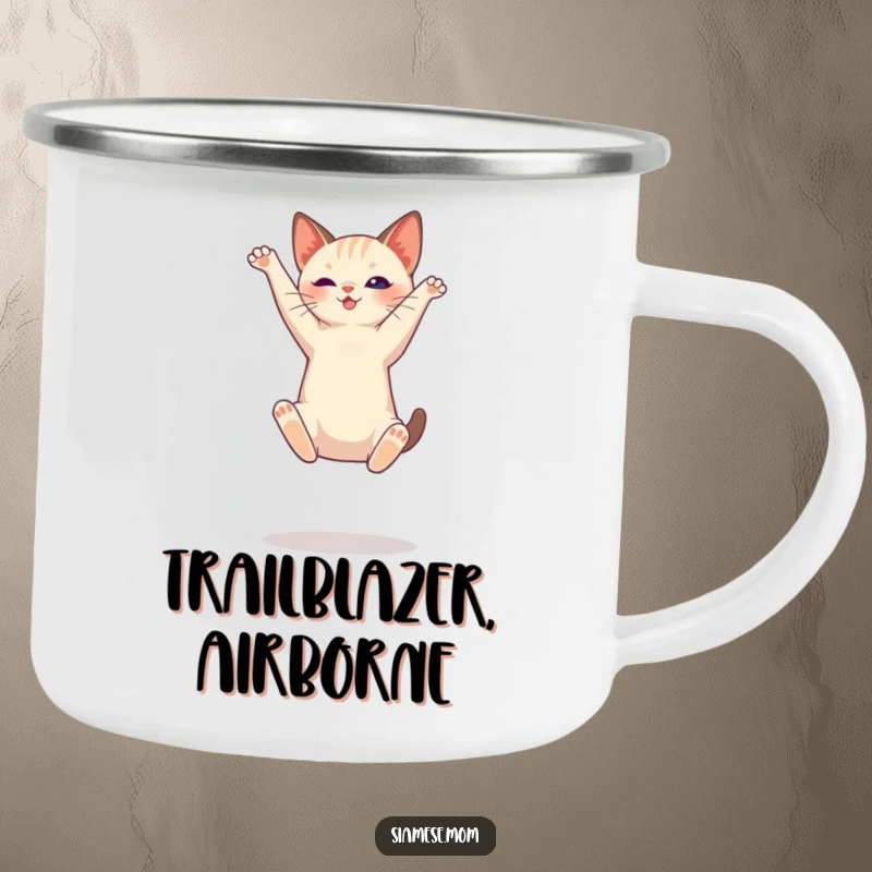 Funny Siamese cat camping mug, depicting a cat in a high jump, perfect for enjoying drinks outdoors.