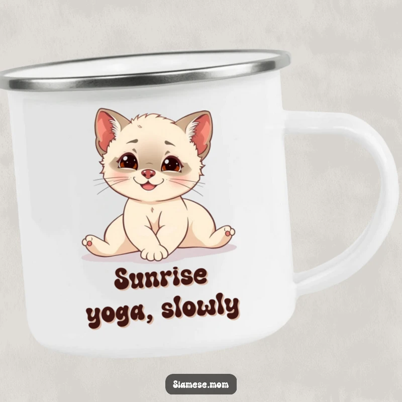 Funny Siamese cub stretching with elegant grace and mischief, a durable and humorous camping mug for outdoor enthusiasts.