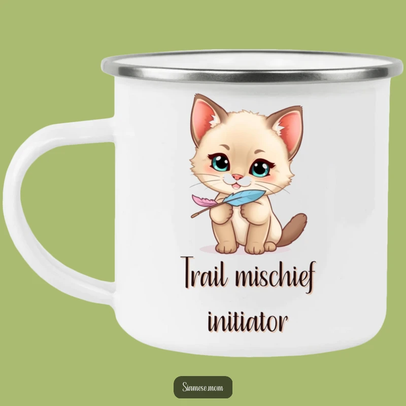Funny Siamese Kitten Camping Mug - Mischief Feather Adventure, Outdoor Gift!