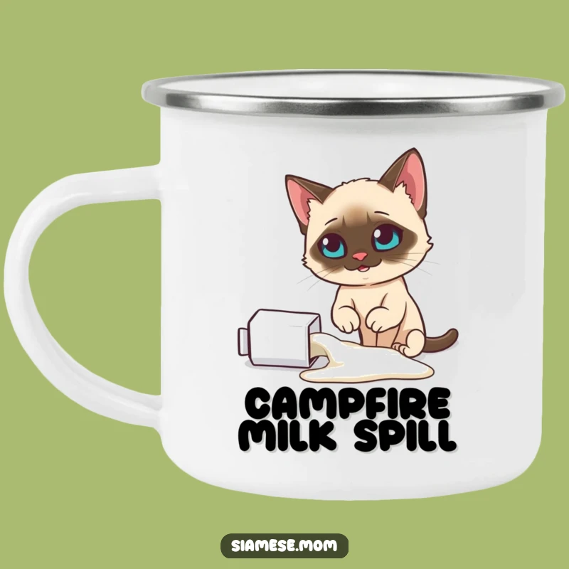Funny Smug Siamese Cat Camping Mug: Spilled Milk Adventure - Outdoor Pet Gift