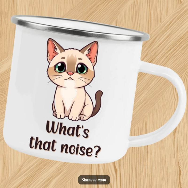 Funny camping mug featuring a kawaii Siamese cat with a questioning head tilt, perfect for outdoor contemplation.