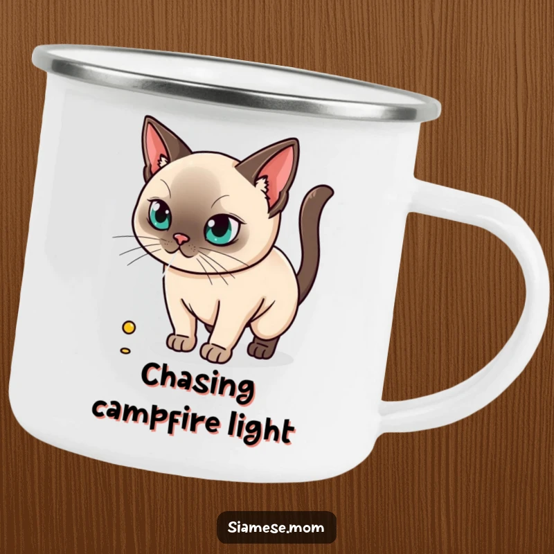 Funny camping mug featuring a kawaii Siamese cat intensely focused on a laser dot, perfect for outdoor adventures.