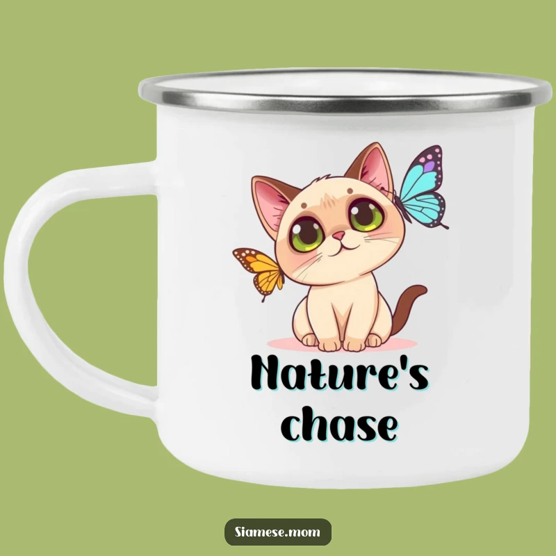 Funny Kawaii Siamese Cat Camping Mug: Adventure Kitty's Butterfly Hunt - Gift