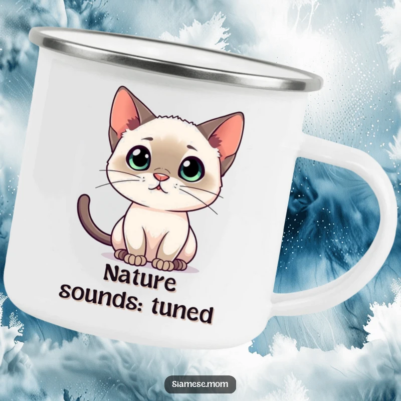 Funny Siamese cat camping mug, showing a cat listening intently, perfect for enjoying drinks outdoors.