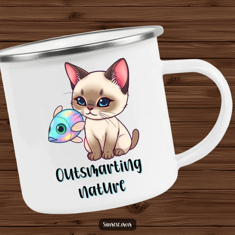 Funny Siamese Cat Camping Mug, elegant cat batting at a holographic fish, durable and funny outdoor gift.