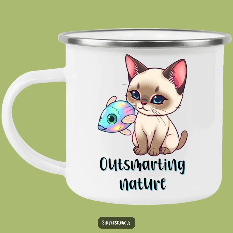 Funny Siamese Cat Camping Mug - Catching Holographic Fish - Outdoor Funny Gift