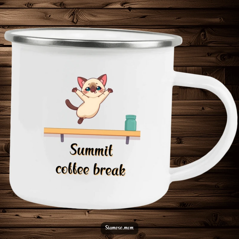 Funny Kawaii Siamese cat camping mug depicting a leap onto a high shelf, perfect for outdoor humor.
