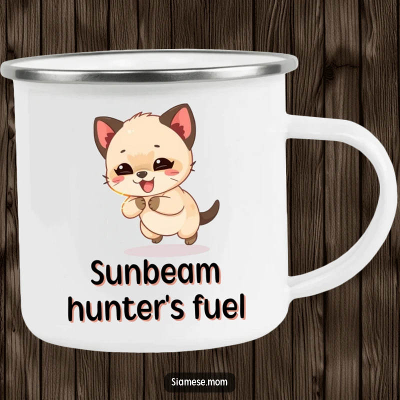 Funny Siamese cub giggling while chasing a shimmering light beam, a durable and humorous camping mug for playful adventures.