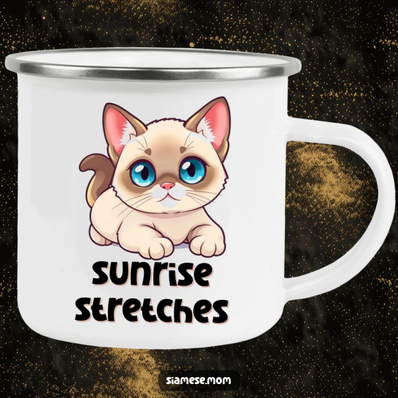 Funny camping mug of a small kawaii Siamese cat with bright blue eyes, stretching luxuriously, perfect for outdoors.