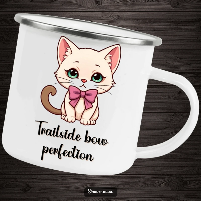 Funny kawaii Siamese cat character performing an elegant, playful bow, printed on a sturdy camping mug.