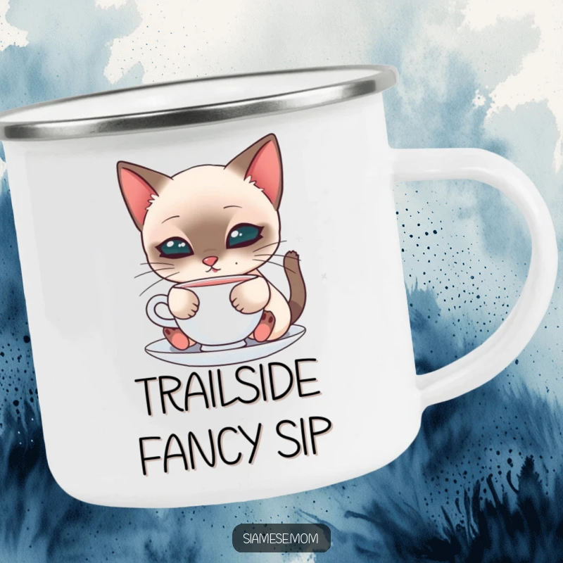 Cute camping mug showing a kawaii Siamese cat sipping from a saucer, ideal for outdoor tea or coffee breaks.