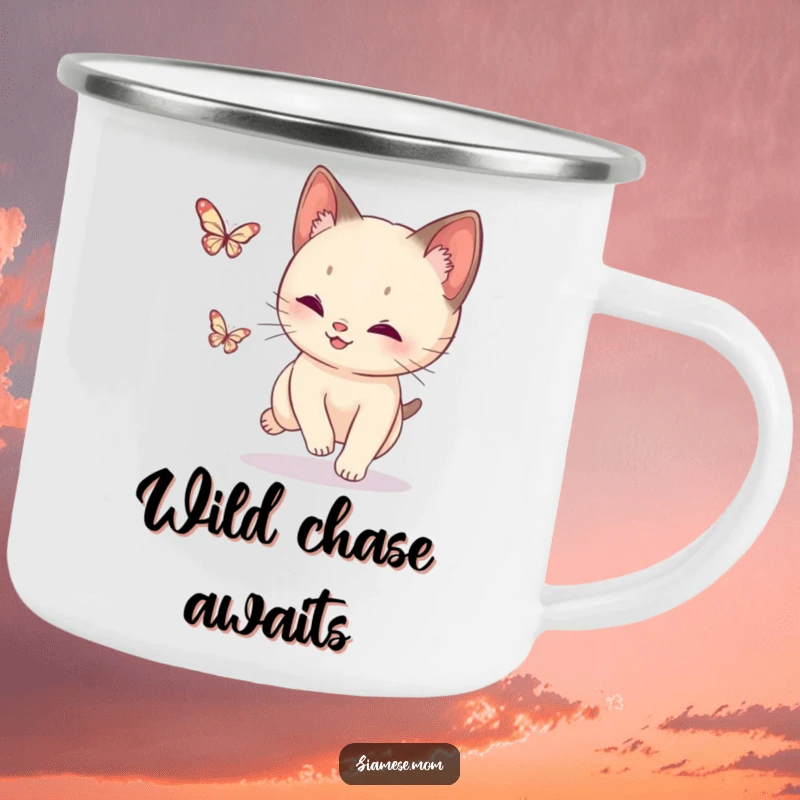 Funny Siamese Cat Butterfly Camping Mug: Durable mug with a playful cat chasing a butterfly, ready for outdoor fun.